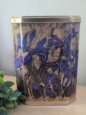 Vintage Iris Floral Gold and Blue Decorative Tin